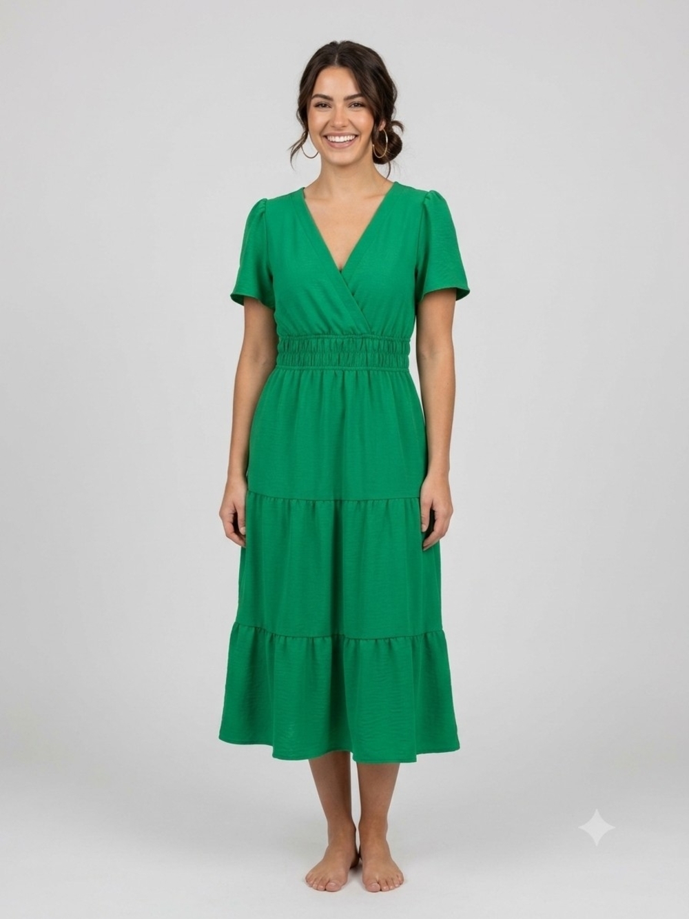 Green V-Neck Tiered Midi Dress